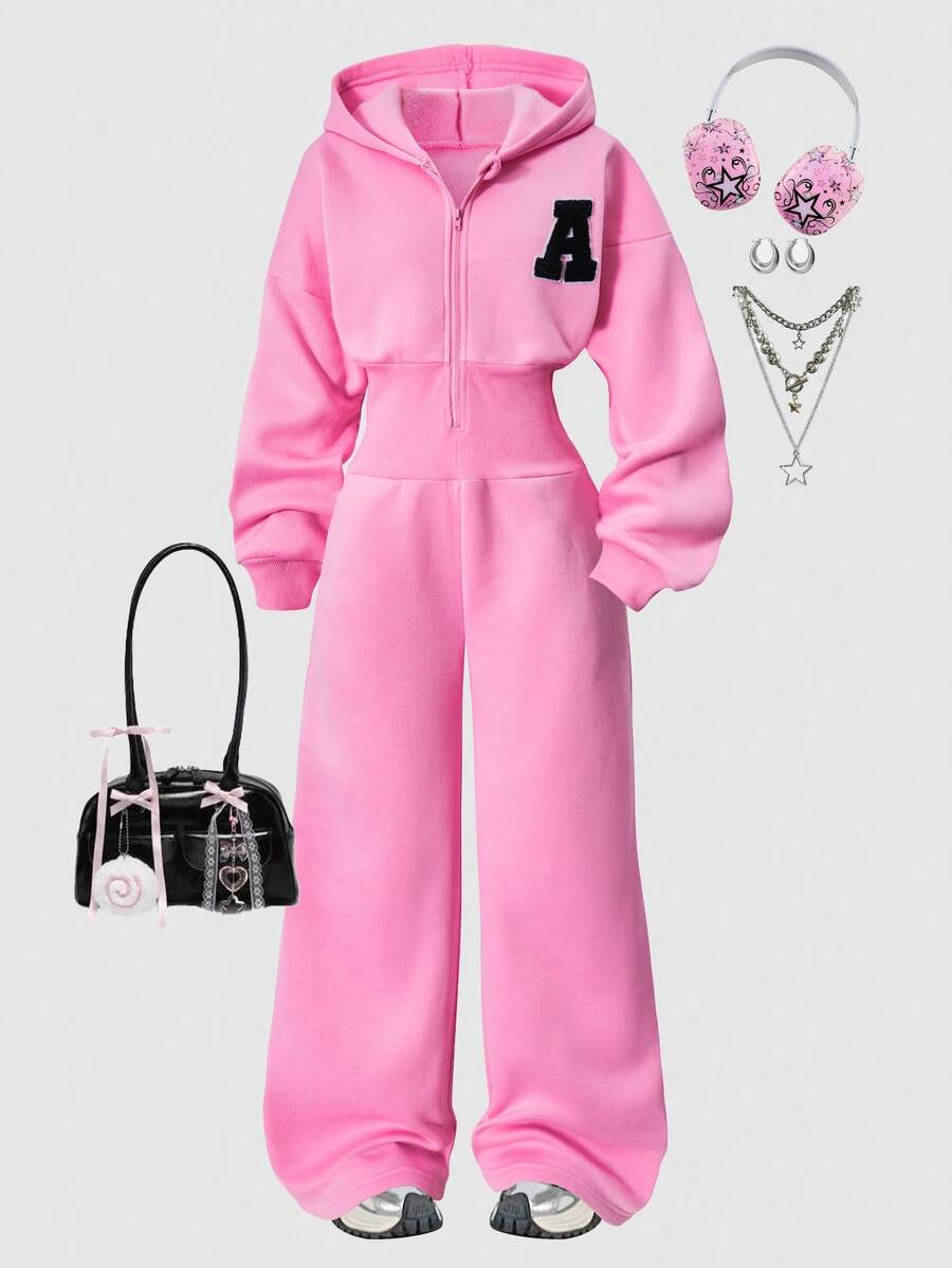 Sparklyn 1pc Girls Oversized Bright Pink Casual Hooded Zip-Up Sweatshirt & High Waist Fleece Jogger Pants Set, Suitable For Indoor/Outdoor, Sports, School, Street Wear, Spring/Autumn/Winter - Pink - View 1