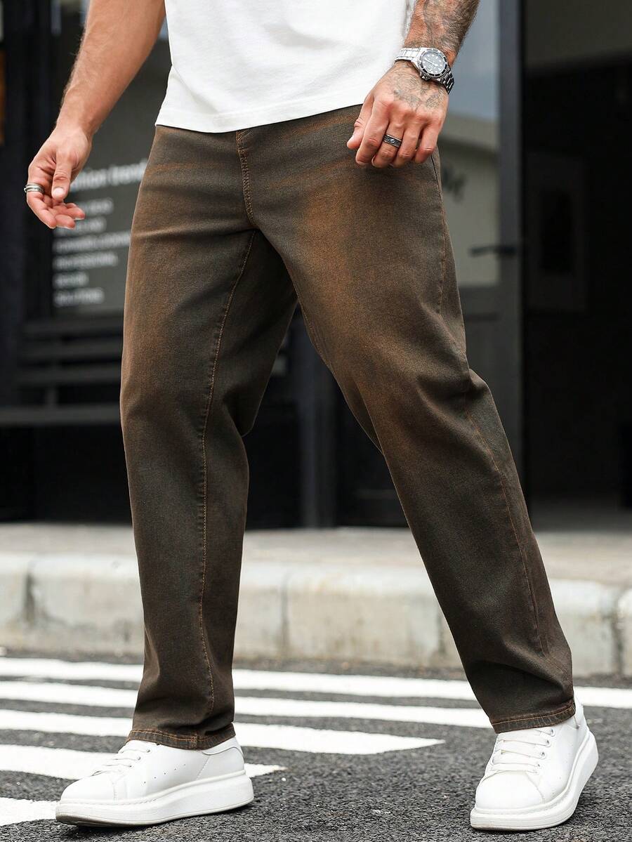 Manfinity Homme Plus Size Men's Solid Color Casual Denim Jeans - Bronze - View 1