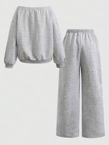 SHEIN Tween-Mädchen 2-teiliges lässiges, sportliches Sweatshirt-Set im Preppy-Stil mit Pony-Logo, Herbst & Winter - Hellgrau - Übersicht 3