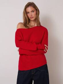 COSMINA Christmas Sweater Women's Solid Color Oblique Shoulder Long Sleeve Casual Red Sweater, Autumn/Winter New Near 2026 Red Off Shoulder Top, Off Shoulder Sweater - Red - View 4