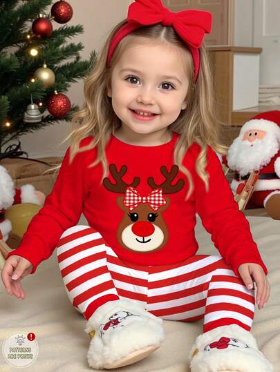 SHEIN Merry Christmas Young Girl Casual Christmas Cute Cartoon Reindeer Pattern, Red & White Striped, Christmas Red Festive, Soft & Comfortable Long Sleeve & Pants Pajama Set, Suitable For Autumn/Winter, Christmas