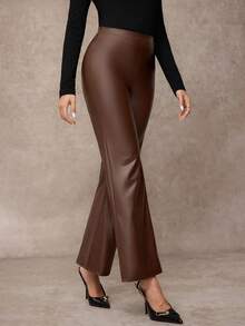 Amorya Quần ống rộng màu nâu cà phê PU cao cấp thanh lịch dành cho nữ, phù hợp mặc hàng ngày trong nhiều dịp, mùa thu - Cà phê nâu - Xem 1
