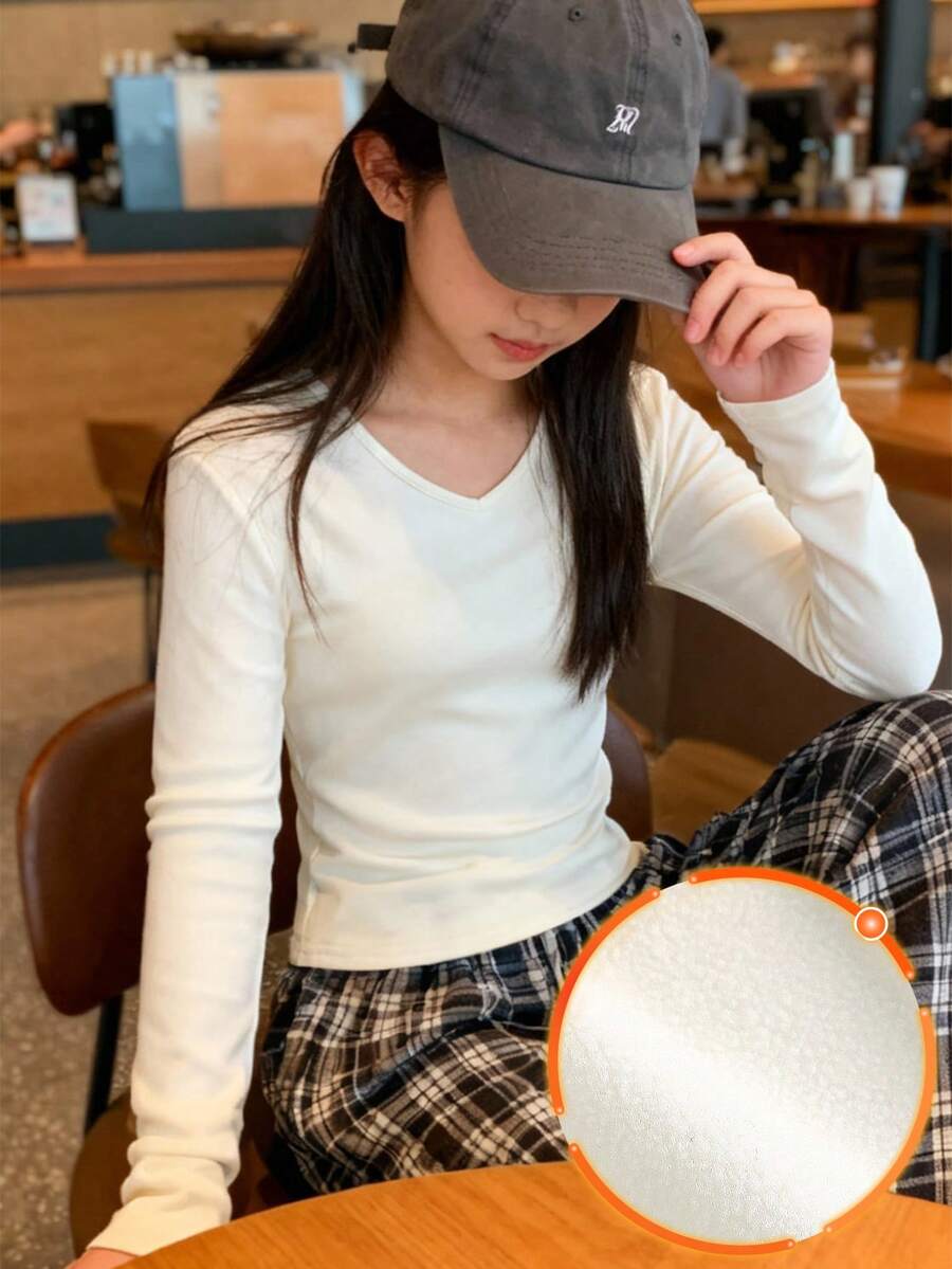 少女纯色保暖V领长袖休闲T恤 - 白色 - 查看 1