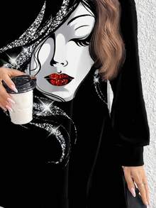 EMERY ROSE Plus Size Women Colorblock Striped Print Casual Minimalist Turtleneck Long T-Shirt,  Graphic Tees Women Oversized Ladies Black Long Sleeve Top Black Graphic Shirt Fashion Autumn Print Design,Flower/Spring/Summer/Vacation - Multicolor - View 5