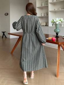 DAZY Plaid Lantern Sleeve Women's Casual Lounge Dress, Winter, Moo Moo Night Dress Pajamas - Green - View 2