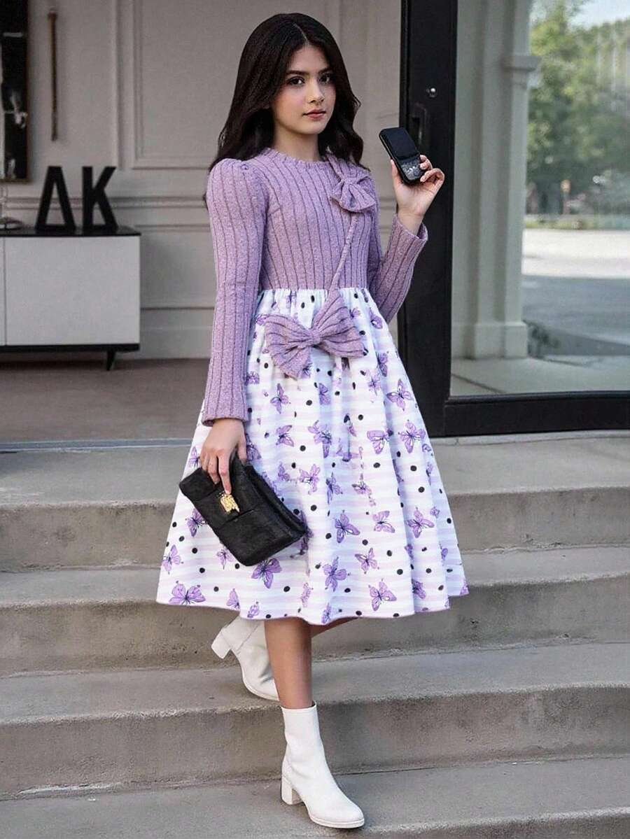 Explorewe SHEIN KIDS,Best Gifts For 11 12 Year Olds Girl,Tween Girls' Casual Patchwork Butterfly Print Bow Decor Dress, Autumn,Internet Girl - Purple - View 1