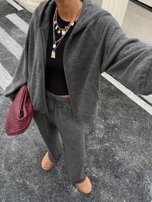 DAZY Ensemble 2 pièces veste à capuche et pantalon de couleur unie décontractée pour femmes, automne