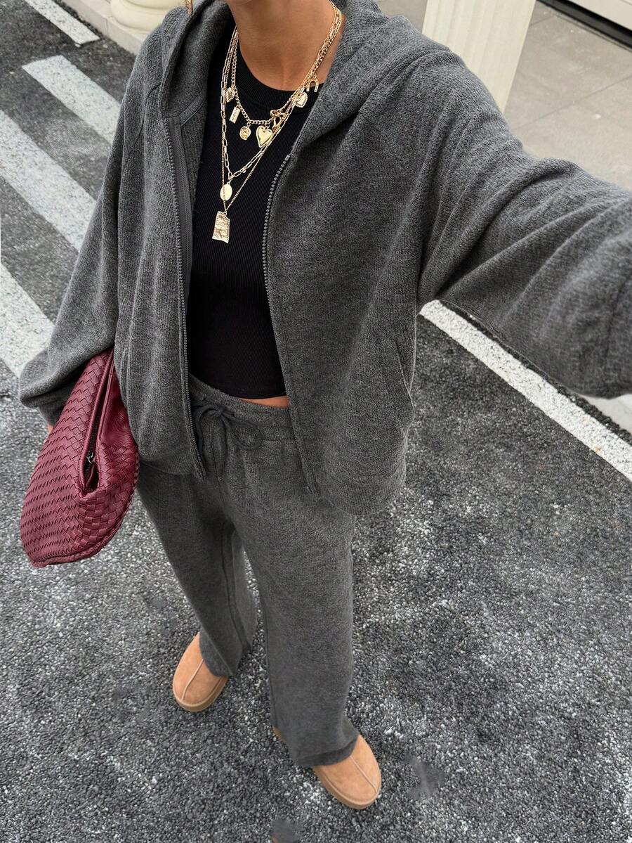 DAZY Ensemble 2 pièces veste à capuche et pantalon de couleur unie décontractée pour femmes, automne