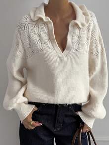 DAZY Women's Elegant Solid Color Turndown Collar Partially Cardigan Sweater, Autumn - Beige - View 5