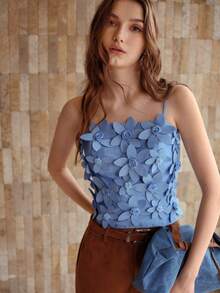 MOTF PREMIUM Áo thun nữ không tay họa tiết hoa 3D mùa hè - Màu xanh lam - Xem 2