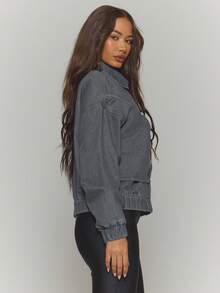 MUSERA 拉链式不对称叠层拼接牛仔飞行员夹克，秋冬街头风，酷炫夜店日常性感缟玛瑙时尚春夏款 - 灰色 - 查看 3