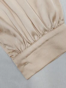 Franclia Plus Size Women's Elegant Satin Collared V-Neck Long Sleeve Shirt & Glitter Bodycon Maxi Dress 2-Piece Set, Suitable For Casual, Commute, Vacation, Afternoon Tea, Christmas Party