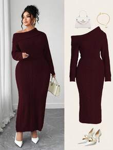Elenzga 女士加大码宽松针织毛衣连衣裙，露肩设计，休闲外套，大码，秋冬款 - 酒紅色 - 查看 4