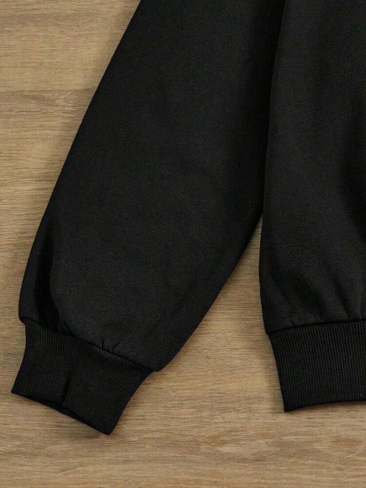 INAWLY Women's Fashion Slogan Print Drawstring Hooded Sweatshirt - Black - View 3