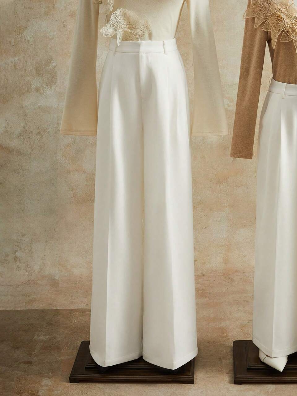 Anewsta Elegant High-Waisted Pleated Design Women's Suit Pants, White Straight Leg Trousers, Tall