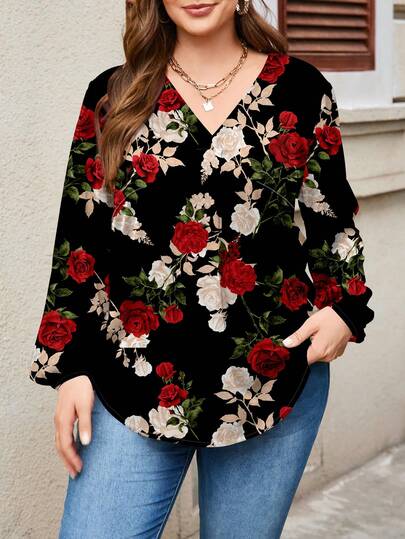 EMERY ROSE قميص بأكمام فانوس وذيل منحني بطبعة وردة للنساء ذوات الحجم الكبير، مناسب للخريف/الشتاء، بلوزة زهرية