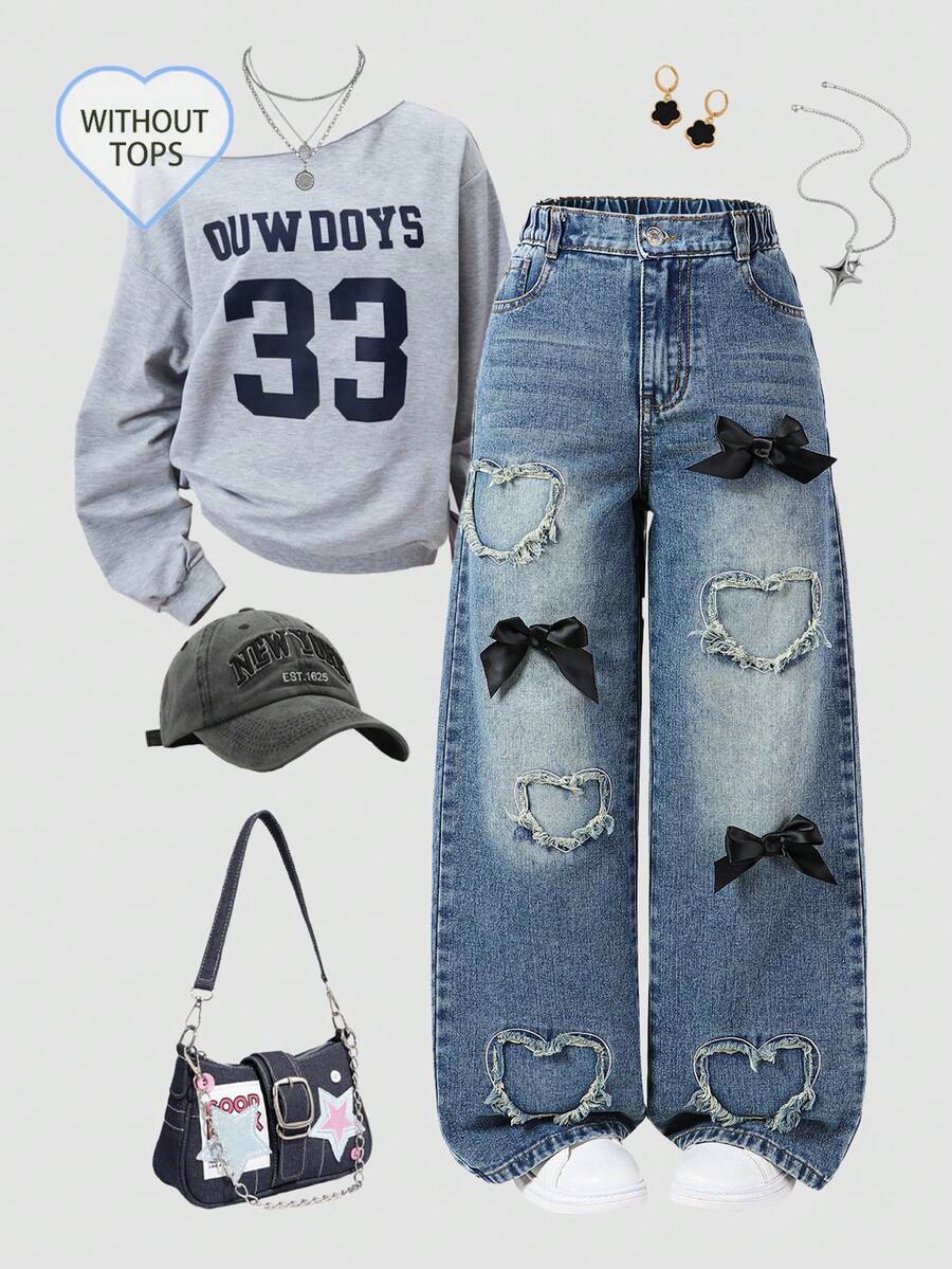 SHEIN ChillGRL Denimly Tween Girl Retro Fashion Street Style Elastic Waist Button Front Zipper Black Bow Decor Love Patch Embroidered Denim Trousers, Plus Size, School, Campus, College