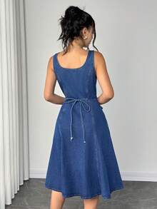 Elenzga 女式休闲牛仔口袋连衣裙 - 藍色 - 查看 2