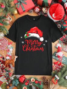 Manfinity Joysei 时尚休闲圣诞圣诞老人帽和字母印花情侣款黑色圆领男士 T 恤 - 黑色 - 查看 6