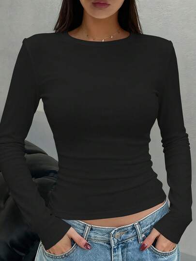 FRIFUL Camiseta de manga larga casual de cuello redondo ajustada de unicolor para mujer