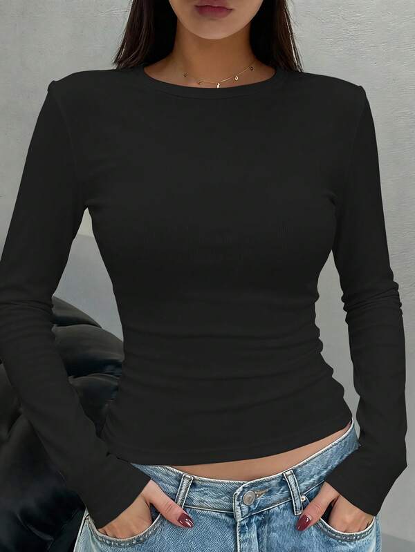 DAZY Camiseta de manga larga casual de cuello redondo ajustada de unicolor para mujer