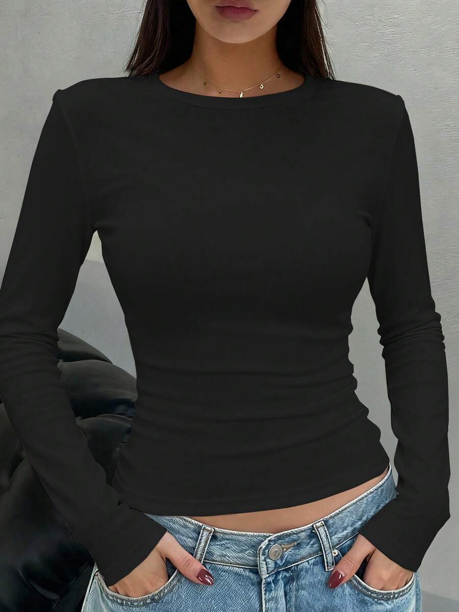 FRIFUL Damen-Langarmshirt, einfarbig, Rundhalsausschnitt, tailliert, lässig