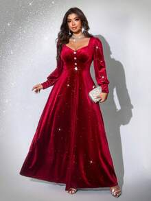 Viva Relle Đầm dạ hội thanh lịch, lãng mạn dành cho nữ cỡ lớn, cổ chữ V, tay dài, xếp ly, chất liệu nhung đính sequin, thích hợp cho năm mới, dạ hội, ngày lễ tình nhân. - Đỏ - Xem 4