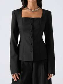 LYSMO Áo khoác blazer nữ cổ vuông tay dài cài nút đơn màu thời trang - màu đen - Xem 5