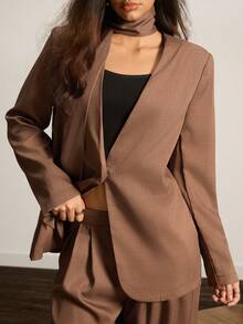 Easelle 女士简约通勤棕色梭织V领西装外套和裤子套装 - 棕色 - 查看 1