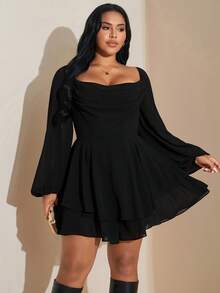 SHEIN Tall CURVE Plus Size Women's Spring/Summer Long Sleeve Daily/Festival/Date/Party Loose Draped Neck Ruched Slit Black Solid A-Line Satin Sweet Sexy Romper For Vacation - Black - View 4