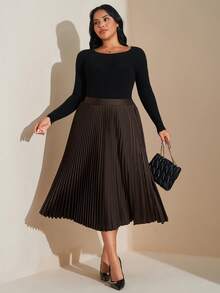 SHEIN Tall CURVE 大码优雅纯色高腰百褶裙 - 棕色 - 查看 6