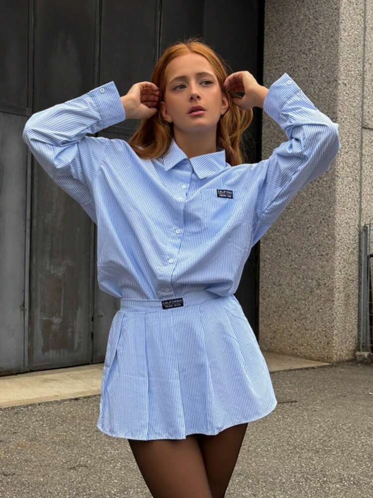 SILVIA DI SANTO Striped Print  Drop Shoulder Shirt & Pleated Skirt Without Cami Top - Blue - View 1