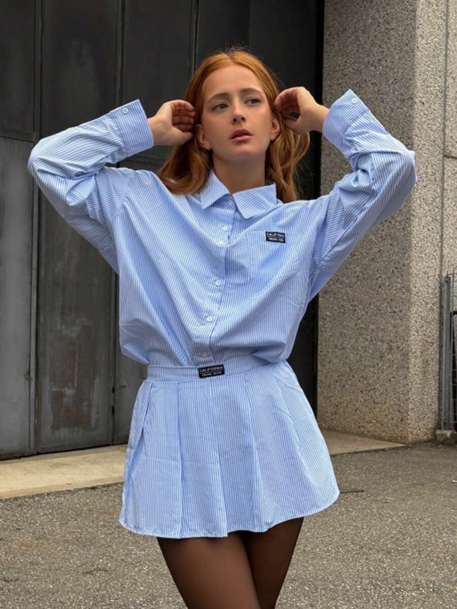 SILVIA DI SANTO Áo sơ mi trễ vai in sọc & váy xếp ly không có áo cami - Màu xanh lam - Xem 1
