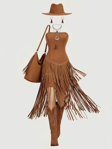 SHEIN MOD Plus Size Women's Fashionable Brown Suede Fringe Tube Dress,Vintage Suede Fringe Dress, Strapless Western Fashion Dress,Autumn/Winter Fringe Outfits Women Tassel Outfit Cochella Outfit Brown Outfit Women,Women's Summer Dresses - Brown - View 5