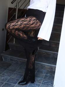 SILVIA DI SANTO 女士松紧腰花卉蕾丝直筒宽松时尚裤 - 黑色 - 查看 4