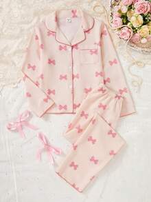 Sparklyn Valentine's Day 2pcs Girls Casual Butterfly Print Long Sleeve Cardigan And Pants Set, Comfortable Home Outfit - Multicolor - View 4