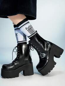 Sugerpunk Gothic Punk Style Platform Ankle Boots For Women, Round Toe Thick Heel Ankle Boots With Metal Rivet Buckle Strap Decor, Comfortable Back Zipper Lace-Up Chunky Heel Booties For Party - Black - View 5