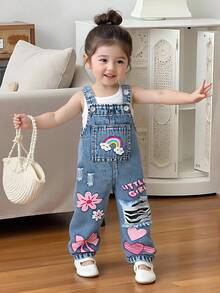 Baby Girls' Denim Overalls, Casual Cute Personalized Vacation Design, Loose Fit Adjustable Bib Pants, Soft Comfortable Cotton Denim Fabric, Suitable For Daily Wear, Parties, School, Commute, Autumn/Winter New Arrival - Medium Wash - View 3