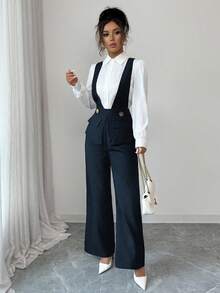 Selianne Ținută elegantă de profesoară pentru femei, din material gros, cu decolteu adânc în V, de culoare neagră, potrivită pentru Ziua Independenței, Cyber Monday, Halloween, Festivalul de cumpărături din 11 noiembrie, petrecerea de întoarcere la școală, petrecerea pentru celibatari, sărbători, Ajunul Crăciunului, Crăciun, Ziua Recunoștinței, Diwali, călătorii, la locul de muncă, salopetă de toamnă - Albastru marin - Vizualizare 4