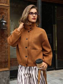 Hansera Women's Faux Suede Deer Fur Collar Long Sleeve Cardigan, Elegant Jacket, Suitable For Everyday Wear, Autumn/Winter Brown Outerwear Women Fall Clothing For Women,Brown Jacket, Brown Clothes,Winter - Brown - View 7