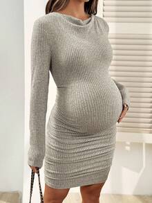 SHEIN Pregnant Women's Solid Color Ribbed Fitted Long Sleeve Dress, Autumn - Khaki - View 1