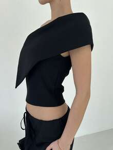 DAZY Áo thun trơn màu trơn vai chéo thường ngày mùa hè dành cho nữ - màu đen - Xem 7