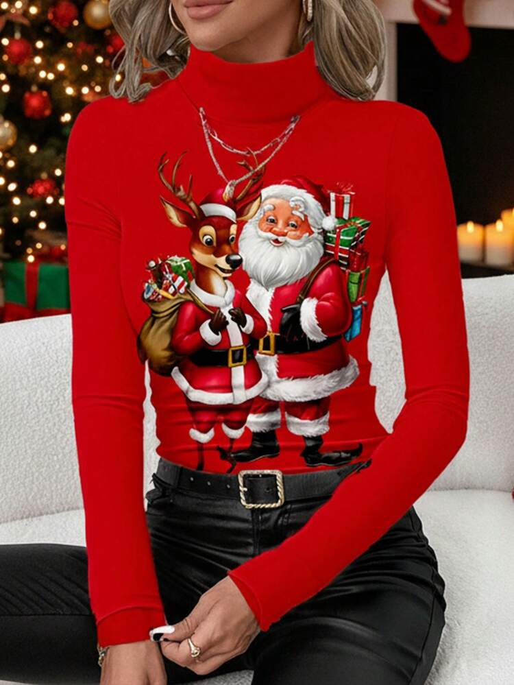 SHEIN Clasi Camiseta de cuello alto de manga larga de punto con estampado de renos y Papá Noel para mujer, de corte ajustado. Perfecta para fiestas navideñas, Año Nuevo, elegante y clásica. Adecuada para otoño e invierno, versátil y fácil de combinar. Casual de otoño, regalo de Navidad, perfecto para mamá. - Multicolor - Añade 7