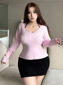 Dazy Plus V-Neck Solid Color Slim Fit Plus Size Women Pullover Sweater, Pink, Autumn/Winter - Pink - View 4