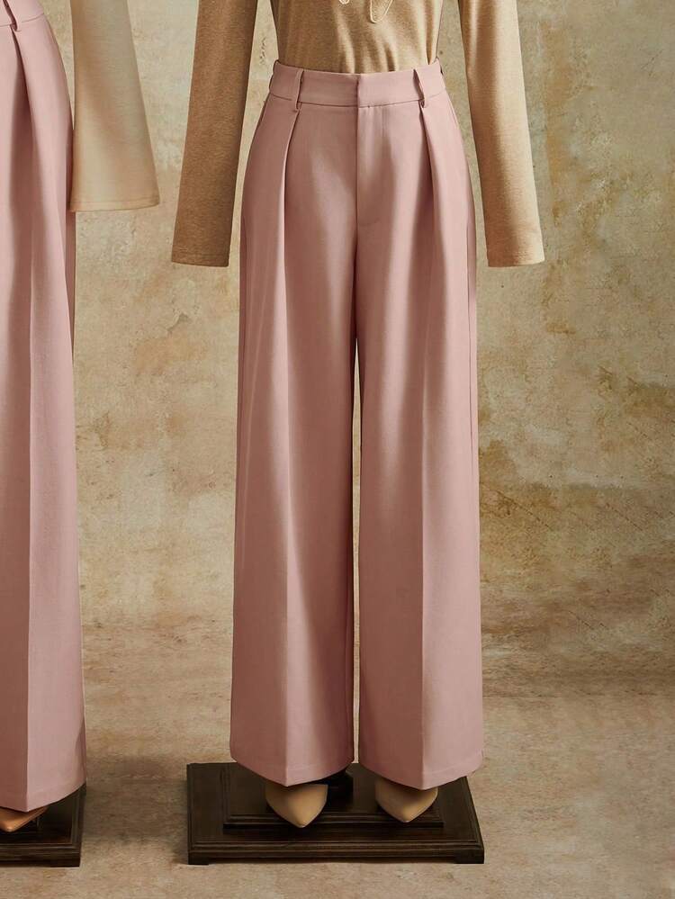 Pantalon droit à plis élégant et mode, de couleur unie, avec poches, taille petite