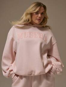 MUSERA 加大码刺绣图案标语连帽衫 秋季可爱舒适节日樱桃漆面情人节休闲 - 粉色 - 查看 1