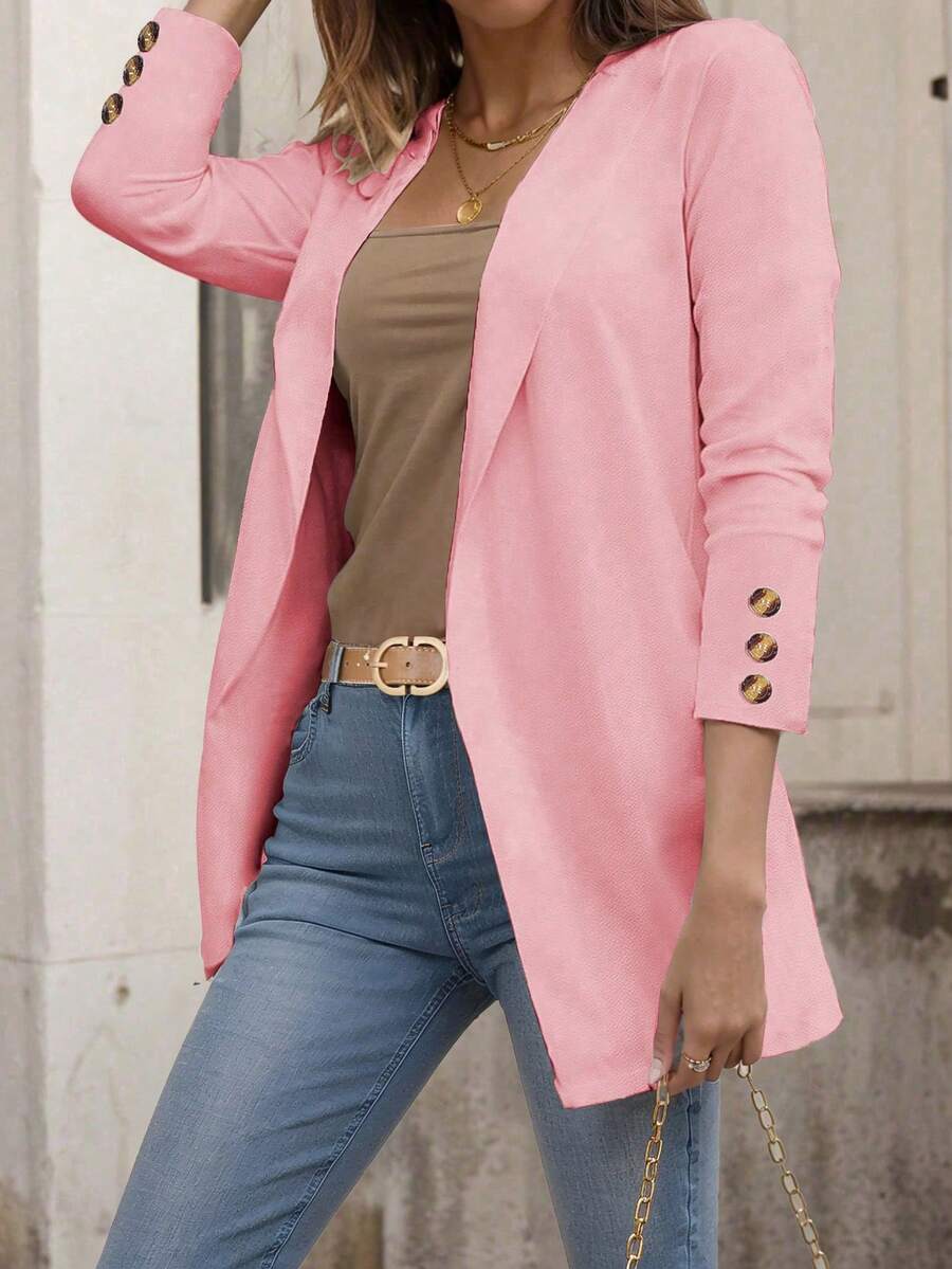 EMERY ROSE Áo khoác blazer dài tay công sở thanh lịch, vừa vặn, màu trơn - Hồng - Xem 1