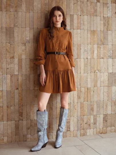 MOTF PREMIUM SUEDETTE BUTTON FRONT RUFFLE HEM BELTED DRESS