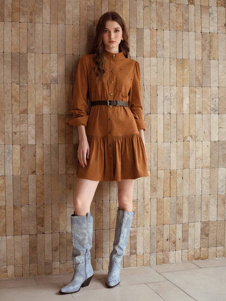 SUEDETTE BUTTON FRONT RUFFLE HEM BELTED DRESS