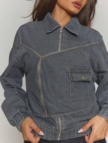 MUSERA 拉链式不对称叠层拼接牛仔飞行员夹克，秋冬街头风，酷炫夜店日常性感缟玛瑙时尚春夏款 - 灰色 - 查看 2